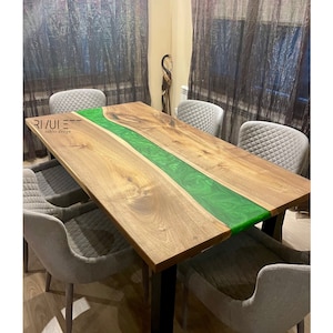 Walnut Wood and Bahia Green Epoxy Resin Dining / Conference Table | Adjustable Length