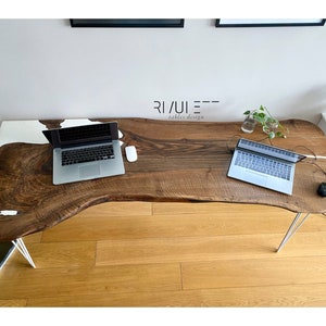 Live Edge Walnut Wood and White Epoxy Resin Desk with White Metal Legs - Eco-Friendly Home Office Furniture - AVAILABLE NOW