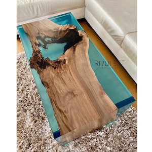 Handcrafted Waterfall Coffee Table, European Walnut Wood and Turquoise Epoxy Resin