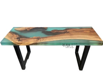 Handcrafted European Walnut Wood and Turquoise Epoxy Resin Bench - Sustainable Furniture