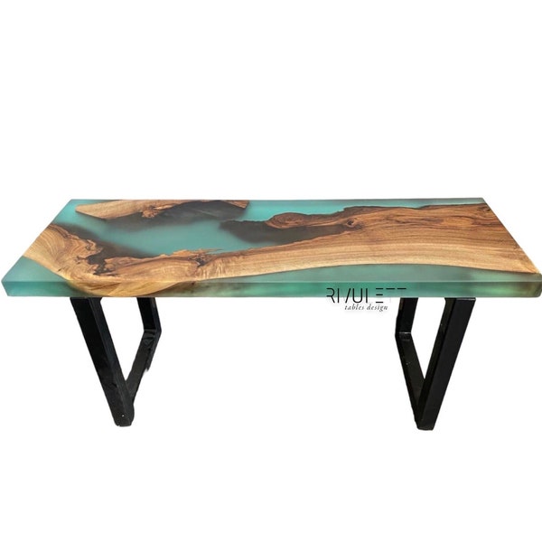 Banc fabriqué à la main en bois de noyer européen et résine époxy turquoise - Meuble durable