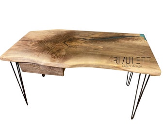 Handcrafted Live Edge Walnut Wood and Blue Epoxy Resin Desk | Unique and Sustainable Home Office Furniture