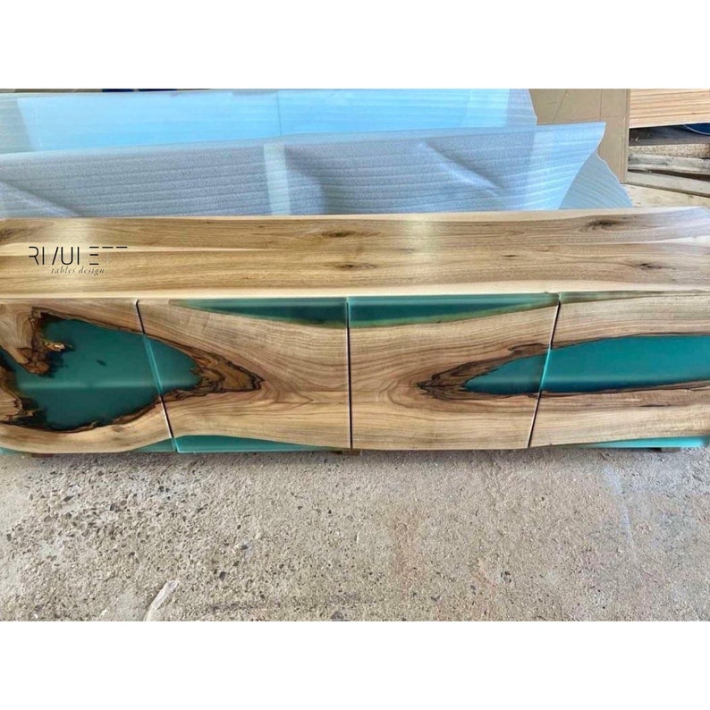 Walnut Wood and Turquoise Epoxy Resin Buffet TV Unit Cupboard