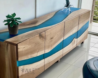 Walnut and Turquoise Epoxy Credenza | Sideboard | TV Unit | Tailored-Made Furniture | Console Tables & Cabinets