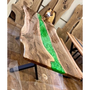 Live Edge Walnut Wood and Green Epoxy Gloss Dining / Meeting River Table