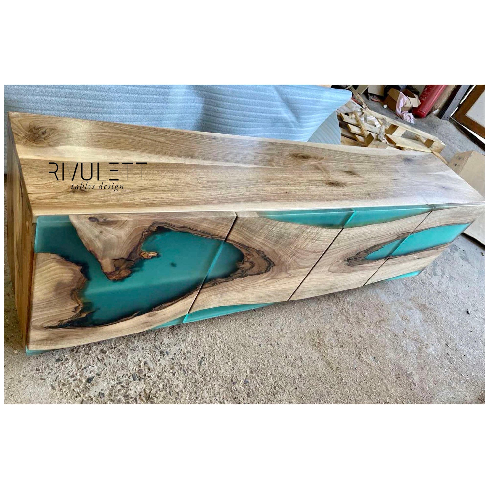 Walnut Wood and Turquoise Epoxy Resin Buffet TV Unit Cupboard