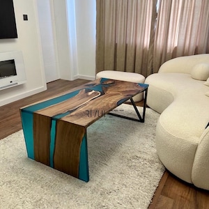 Artisan-Crafted Walnut Wood and Turquoise Epoxy Resin Waterfall Coffee Table: Statement of Elegance