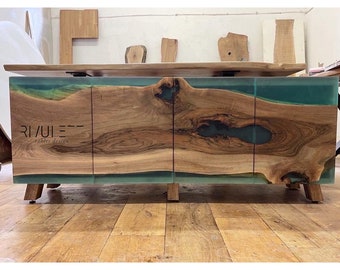Stylish Walnut and Turquoise Epoxy Credenza | Sideboard