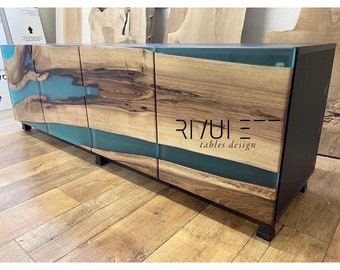 Handcrafted Walnut Wood and Turquoise Epoxy Resin Cupboard | TV Unit | Media Console | Buffet Cabinet | Unique Living Room Furniture