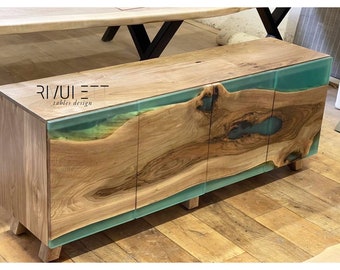 Stylish Walnut and Turquoise Epoxy Media Credenza | Sideboard | TV Unit | Tailored-Made Furniture | Console Tables & Cabinets