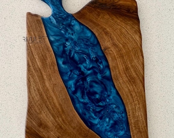 Walnut & Blue Epoxy Resin Charcuterie Board: Handmade River Serving Tray