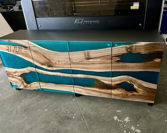 Handcrafted Walnut Wood & Turquoise Epoxy Resin Credenza | Media Console - Living Dining Room Statement Furniture