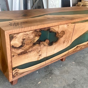 Waterfall Walnut Wood and Turquoise Epoxy Resin Buffet Cabinet | TV Unit | Wooden Credenza | Media Console