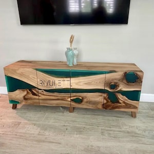 Stylish Walnut and Turquoise Epoxy Media Credenza | Sideboard | TV Unit | Tailored-Made Furniture | Console Tables & Cabinets