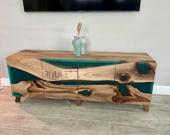 Stylish Walnut and Turquoise Epoxy Media Credenza | Sideboard | TV Unit | Tailored-Made Furniture | Console Tables & Cabinets