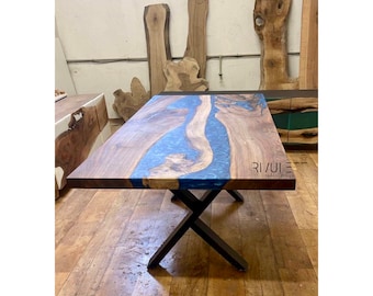 Walnut Wood and Pearl Blue Resin River Dining Conference Table | Stunning and Functional Furniture for Dining and Meetings - Customizable