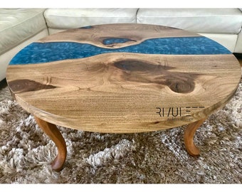 Round Coffee Table | European Walnut Wood | Pearl Blue Epoxy Resin | Wooden Legs | Unique and Stylish Living Room Furniture