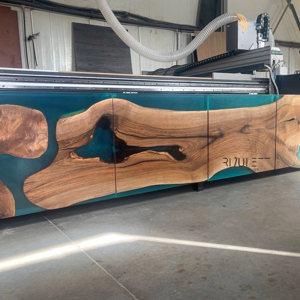 Handcrafted Walnut Wood & Aqua Blue Epoxy Resin Credenza | TV Console - Living Dining Room Marvel