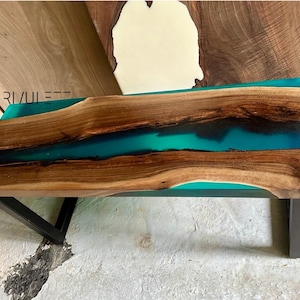 Handcrafted European Walnut Wood and Turquoise Epoxy Resin Bench