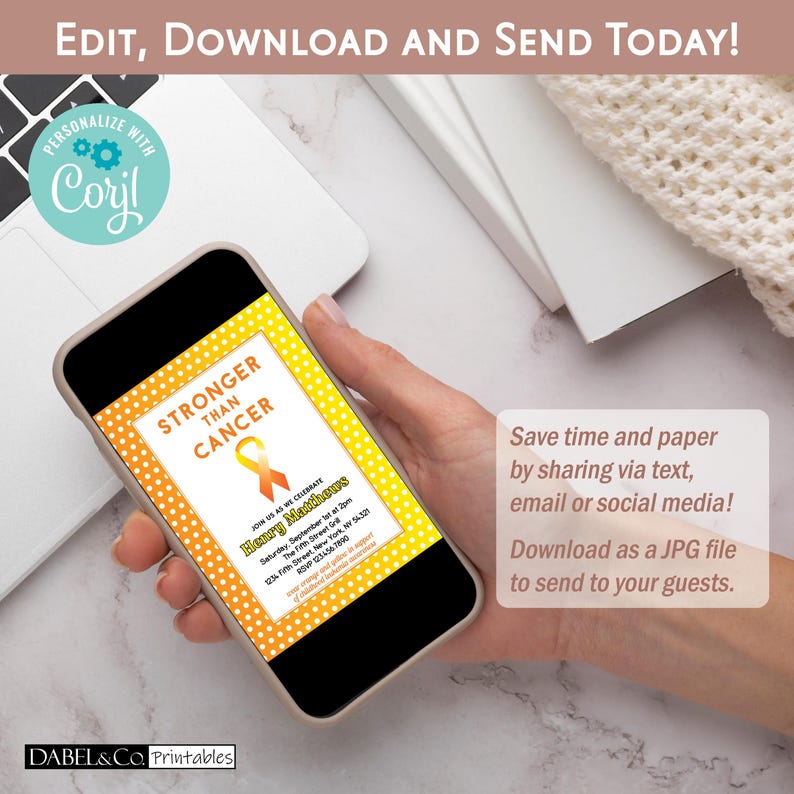 May include: A printable invitation for a celebration with the text "Stronger Than Cancer" in yellow and orange with a yellow and orange ribbon. The invitation has a polka dot background and includes the name "Henry Matthews" and the date and time of the event.