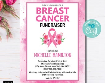 Invito alla raccolta fondi per il cancro al seno, Invito modificabile per eventi di beneficenza per il cancro al seno, Download istantaneo, Invito digitale, Più forte del cancro