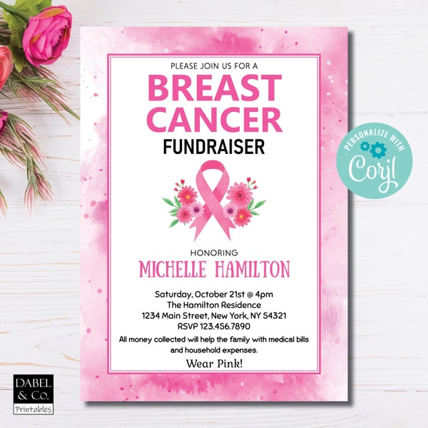Breast Cancer Fundraiser Invitation, Editable Breast Cancer Benefit Event Invite, Instant Download, Digital Evite, Stronger than Cancer