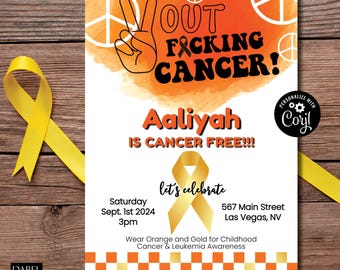 May include: A white card with orange and yellow checkered pattern at the bottom. The card has a peace sign with the words "OUT FACKING CANCER!" in black. The text "Aaliyah IS CANCER FREE!!!" is in black. The text "let's celebrate" is in black with a yellow ribbon. The text "Saturday Sept. 1st 2024 3pm" is in black. The text "567 Main Street Las Vegas, NV" is in black. The text "Wear Orange and Gold for Childhood Cancer & Leukemia Awareness" is in black. The text "PERSONALIZE WITH Coyl" is in a black circle with a white background.