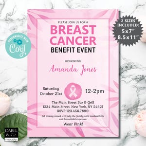 Uitnodiging voor borstkankervoordeel-evenement, bewerkbare uitnodiging voor inzamelingsactie voor borstkanker, Instant Download, Digital Evite, Stronger than Cancer