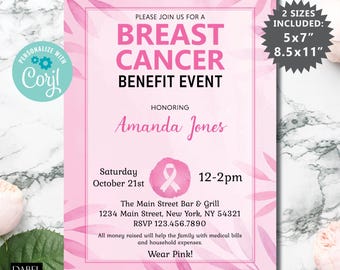 Invito all'evento di beneficenza per il cancro al seno, invito modificabile per la raccolta fondi per il cancro al seno, download immediato, invito digitale, Stronger than Cancer