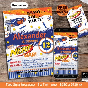May include: A Nerf-themed party invitation set featuring a blue and orange toy blaster, target graphics, and the text Ready... Aim... Party! Alexander is turning 12. Includes a printable thank you tag and a digital invitation format for mobile phones.