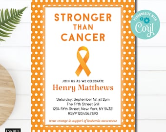 Celebración de la remisión del cáncer editable, adiós al cáncer, fiesta para sobrevivientes de leucemia, recaudación de fondos contra el cáncer, concientización sobre el cáncer de riñón, lazo naranja