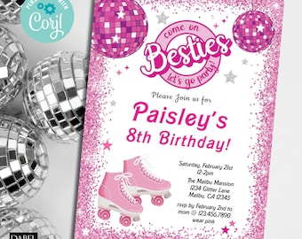 Pink Sparkle Geburtstagseinladung, Disco Ball Rollschuhe Party bearbeitbare Vorlage, komm schon Besties Let&#39;s Go Party, Instant Download
