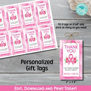 Breast Cancer Fundraiser Tags, Pink Breast Cancer Awareness Thank You Tags, Afdrukbare Favor Tags