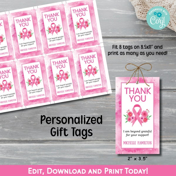 Breast Cancer Fundraiser Tags, Pink Breast Cancer Awareness Thank You Tags, Printable Favor Tags