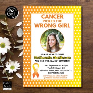 May include: A yellow and orange polka dot invitation with a photo of a young woman. The invitation reads "Cancer Picked the Wrong Girl" and invites guests to celebrate McKenzie Matthews and her win against leukaemia. The invitation includes the date, time, location, and RSVP information. Wear orange and yellow in support of childhood leukaemia awareness.
