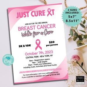 Breast Cancer Walk for a Cure Invitation, Editable Breast Cancer Fundraiser Flyer, Cancer Benefit Instant Download, Just Cure It