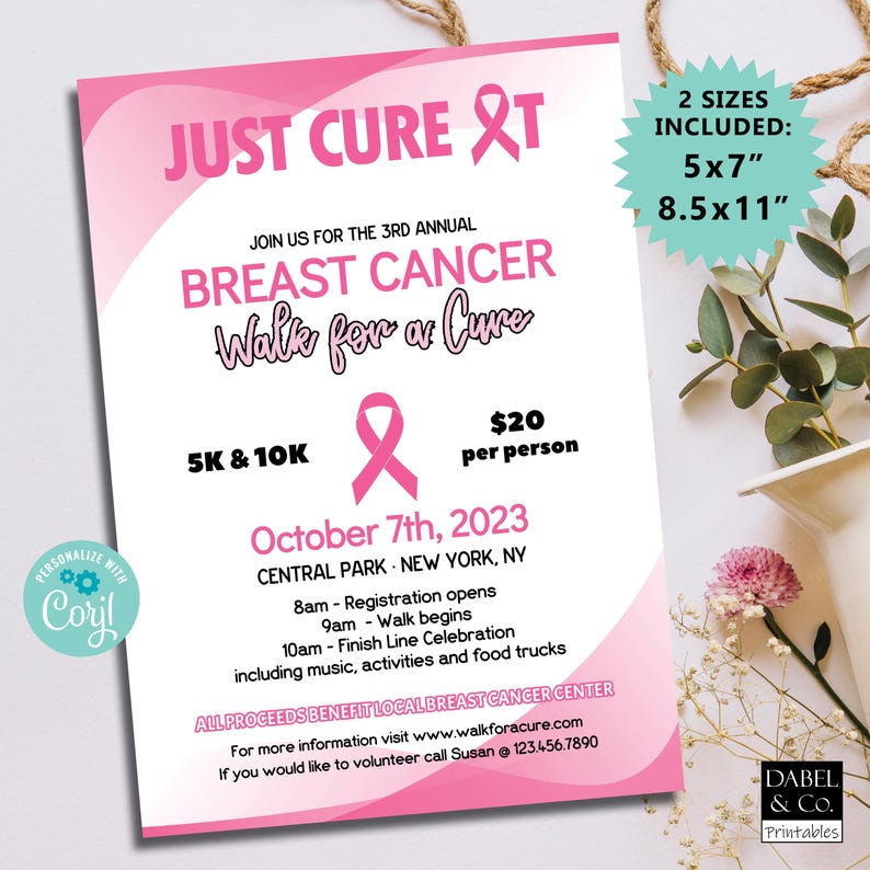 Breast Cancer Walk for a Cure Invitation, Editable Breast Cancer ...