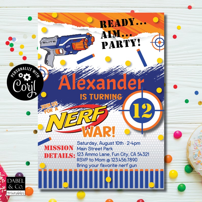 Nerf Birthday Invitation, Nerf War, Dart Gun Battle Editable Birthday