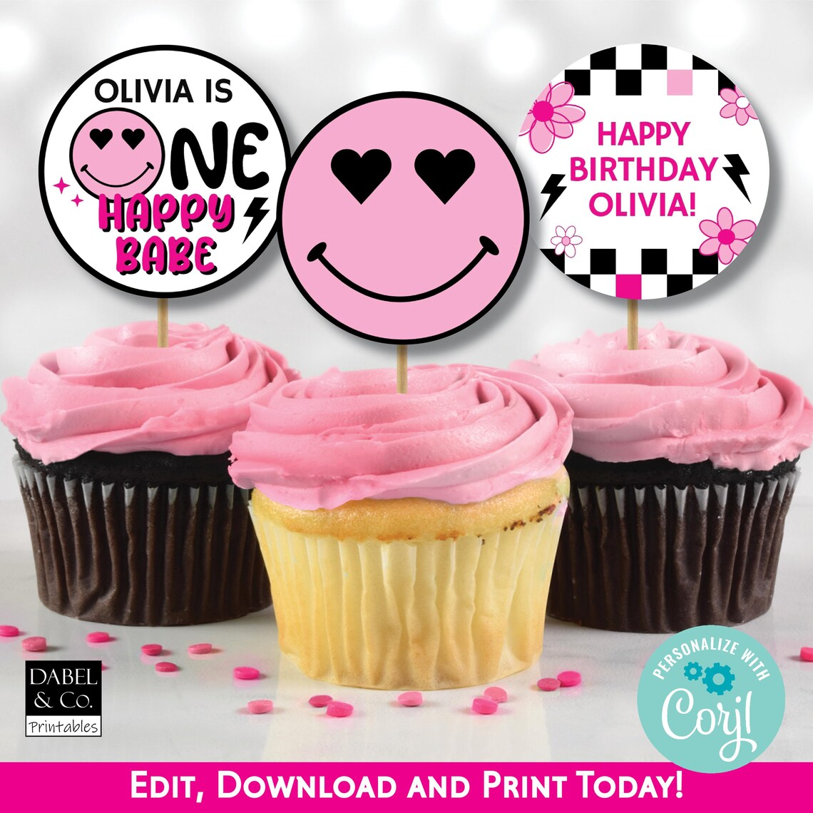 One Happy Babe Birthday Cupcake Toppers, Baby's 1st Birthday Editable ...