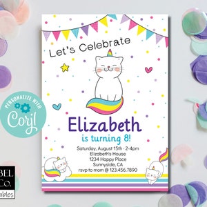 Caticorn Geburtstagseinladung, Katze Einhorn Regenbogen bearbeitbare Geburtstagsvorlage, Kittycorn Girls Lets Party druckbare Invite Instant Download