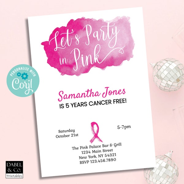Breast Cancer Remission Celebration, Goodbye Cancer Party, Instant Download, Cancer Survivor Party, Pink Ribbon, Stronger than Cancer