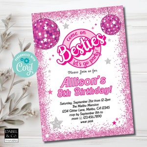 Roze Sparkle verjaardagsuitnodiging, Disco Ball Party bewerkbare sjabloon, Kom op Besties Let's Go Party, Instant Download, Trending Pink Doll