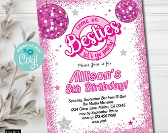 Pink Sparkle Birthday Invitation, Disco Ball Party Editable Template, Come on Besties Let&#39;s Go Party, Instant Download, Trending Pink Doll
