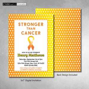 May include: A 5x7 inch digital invitation with an orange and yellow ribbon and polka dot background. The text reads "Stronger Than Cancer" and includes details for a celebration in support of childhood leukaemia awareness.