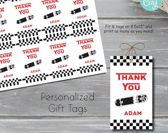 May include: Printable thank you gift tags with a skateboard design. The tags are white with black and red text. The text says "Thank You" with a skateboard graphic and the name "Adam". The tags are 2 inches by 3.5 inches.