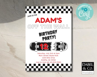 Skateboard Geburtstagseinladung, Off the Wall bearbeitbare Geburtstagsvorlage, Skater Boys Teens Party Printable Invite Instant Download