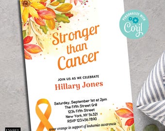 Celebración editable de la remisión del cáncer, fiesta de despedida del cáncer, fiesta de supervivientes de leucemia, más fuerte que el cáncer, fiesta libre de cáncer de riñón