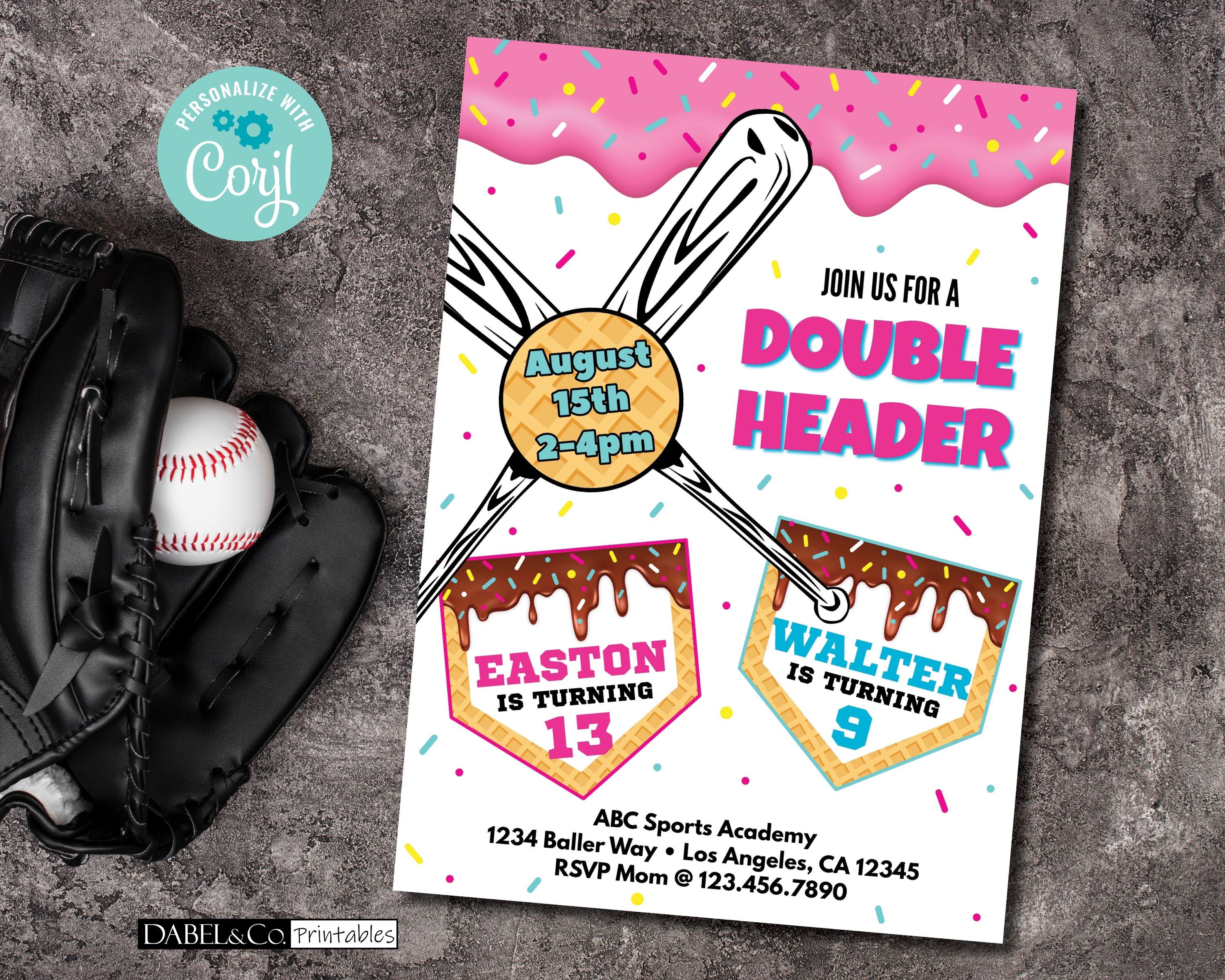 Baseball Drip Birthday Invitation for 2, Ice Cream Drip Baseball Party, Baseball Evite, Doubleheader, Shared Party