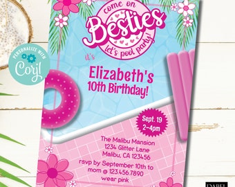 Pool-Party-Geburtstagseinladung, Puppen-Geburtstags-Party-editierbare Vorlage, komm schon Besties Let&#39;s Go Party, Sofort-Download, Trending-Einladung