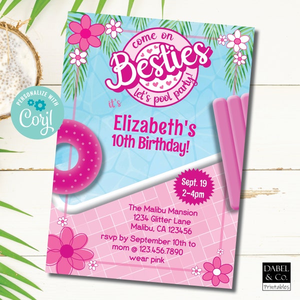 Pool Party Birthday Invitation, Doll Birthday Party Editable Template, Come on Besties Let's Go Party, Instant Download, Trending Invitation